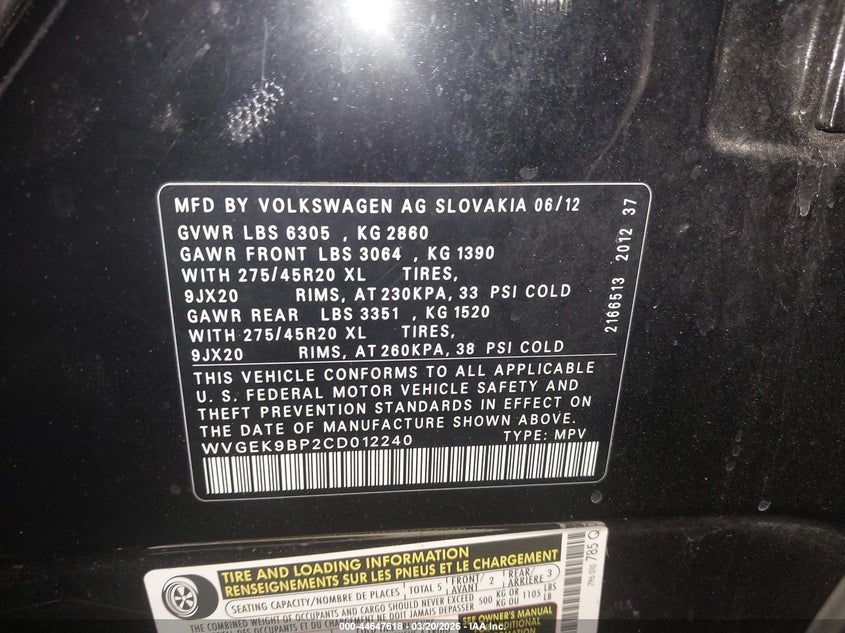 2012 Volkswagen Touareg Tdi Executive VIN: WVGEK9BP2CD012240 Lot: 44647618