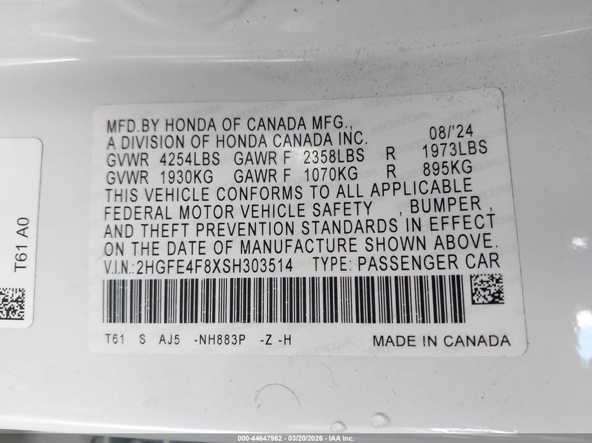 VIN 2HGFE4F8XSH303514 2025 HONDA CIVIC HYBRID SPORT/SPORT TOURING