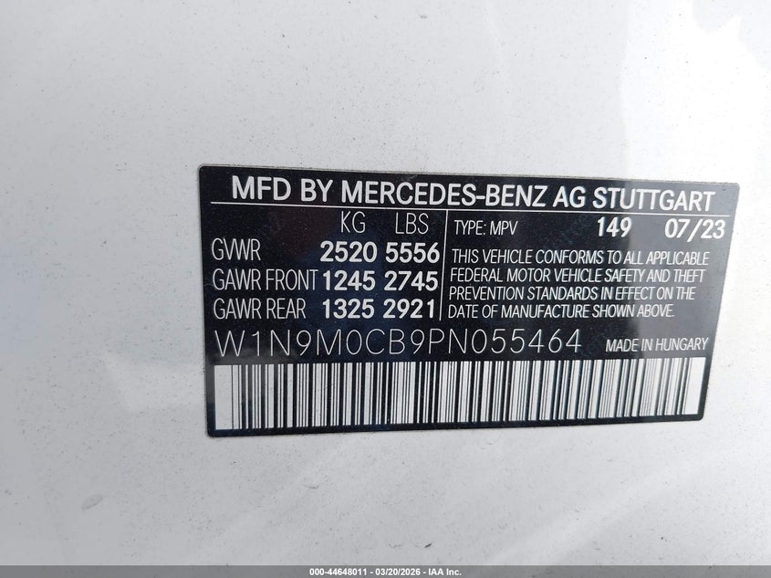 2023 MERCEDES-BENZ EQB 250 SUV ELECTRIC(VIN: W1N9M0CB9PN055464