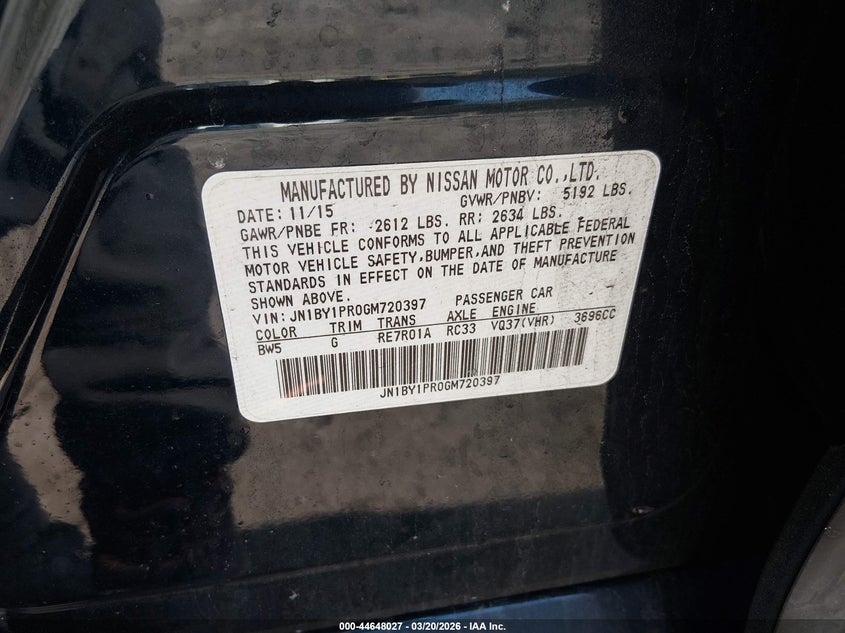 2016 Infiniti Q70L 3.7X VIN: JN1BY1PR0GM720397 Lot: 44648027