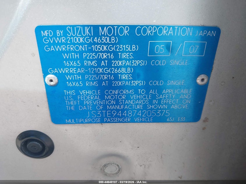2007 Suzuki Grand Vitara Xsport VIN: JS3TE944874205375 Lot: 44648107
