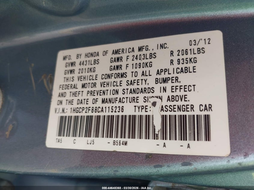 2012 Honda Accord 2.4 2.4 Ex-L silver Lot 111044648368 Vin 1HGCP2F88CA115236