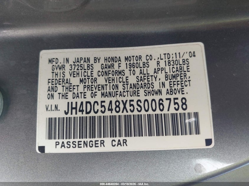 2005 Acura Rsx VIN: JH4DC548X5S006758 Lot: 44648394