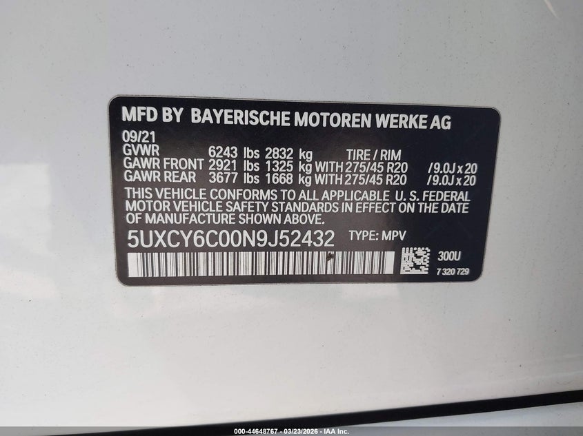 2022 BMW X6 xDrive40I VIN: 5UXCY6C00N9J52432 Lot: 44648767