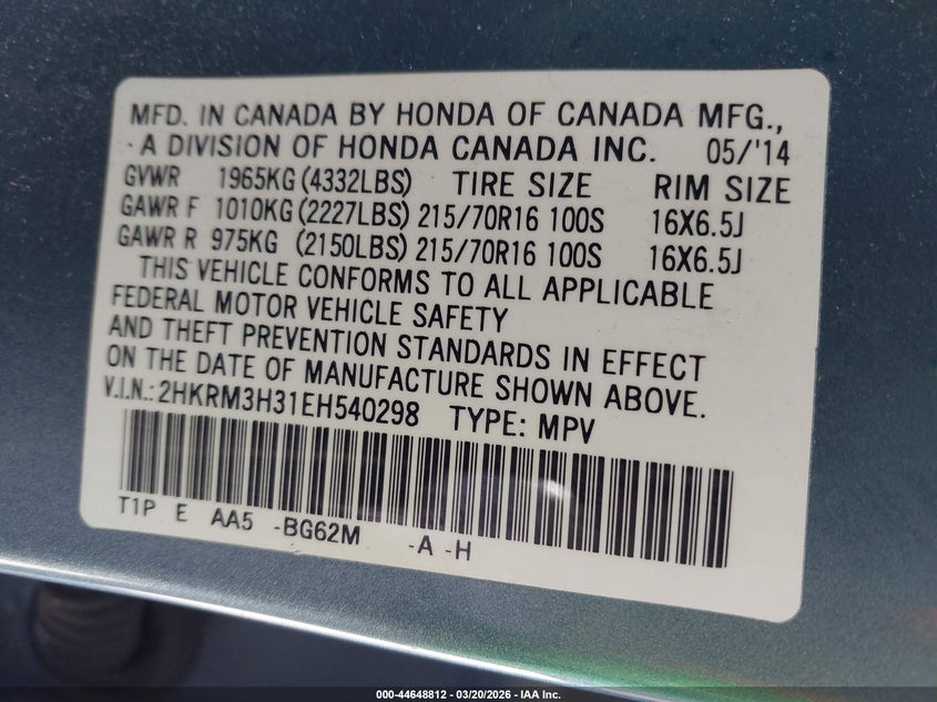 2014 Honda Cr-V Lx VIN: 2HKRM3H31EH540298 Lot: 44648812