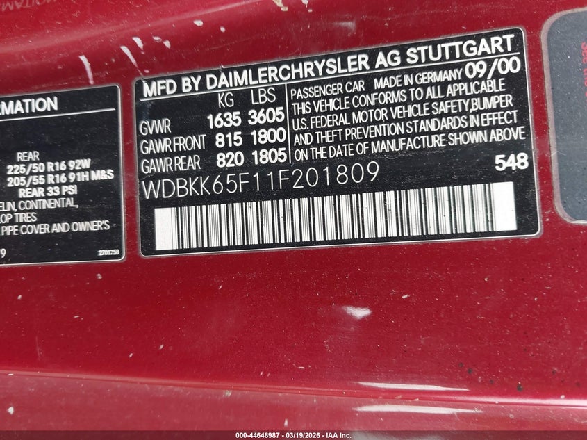 2001 Mercedes-Benz Slk 320 VIN: WDBKK65F11F201809 Lot: 44648987