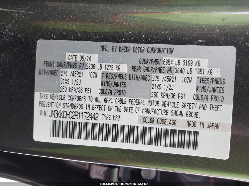 2024 Mazda Cx-90 3.3 Turbo S Premium VIN: JM3KKDHC2R1172442 Lot: 44649007