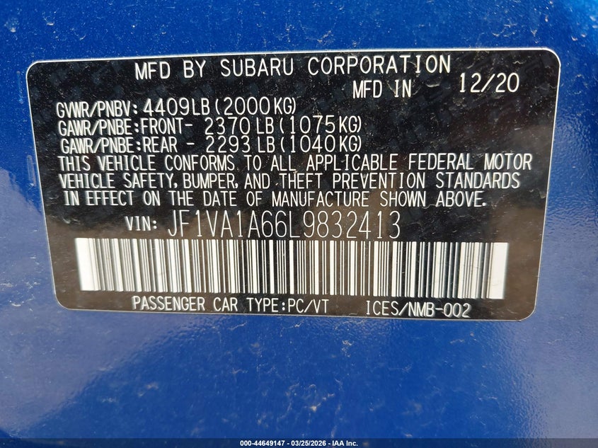 2020 Subaru Wrx VIN: JF1VA1A66L9832413 Lot: 44649147