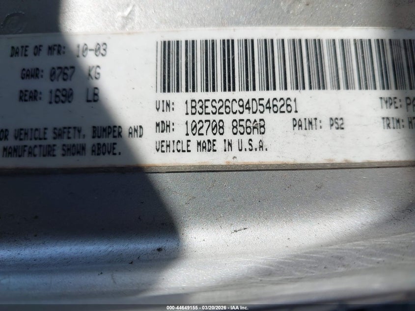 2004 Dodge Neon Se VIN: 1B3ES26C94D546261 Lot: 44649155