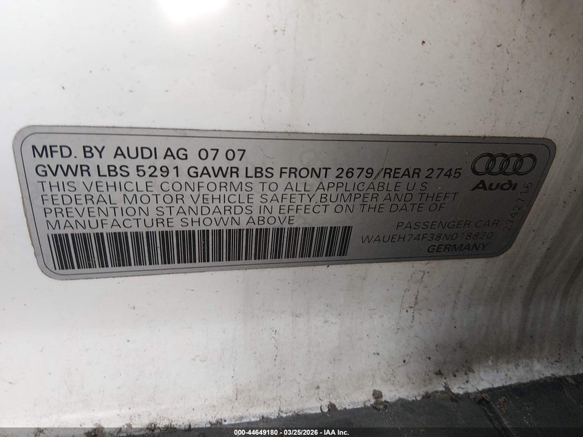2008 Audi A6 3.2 VIN: WAUEH74F38N018820 Lot: 44649180