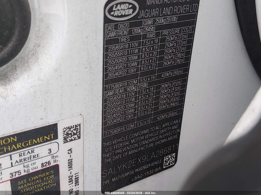 2020 Land Rover Range Rover Velar P250 R-Dynamic S VIN: SALYK2EX9LA286811 Lot: 44649348