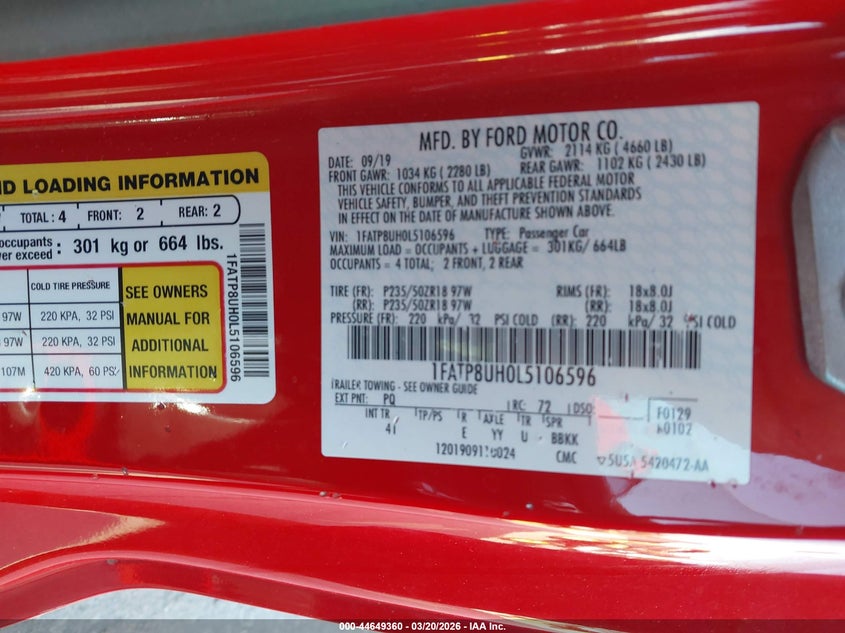 VIN 1FATP8UH0L5106596 2020 FORD MUSTANG ECOBOOST PREMIUM