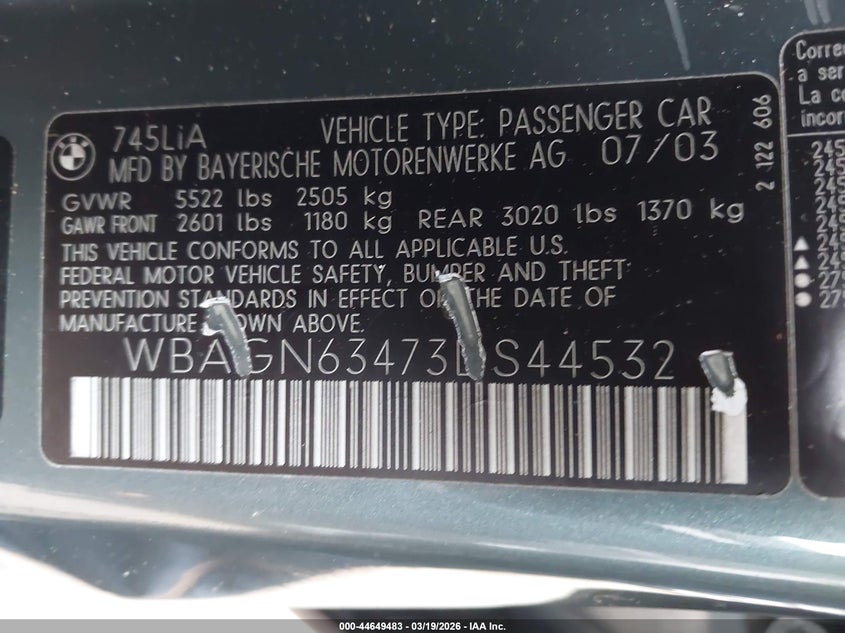 2003 BMW 745Li VIN: WBAGN63473DS44532 Lot: 44649483