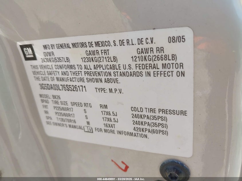 2006 Buick Rendezvous Cx VIN: 3G5DA03L76S526171 Lot: 44649891
