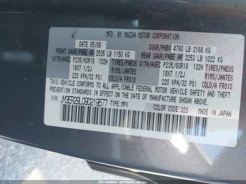 2009 Mazda Cx-7 Grand Touring VIN: JM3ER29L090219677 Lot: 44649894