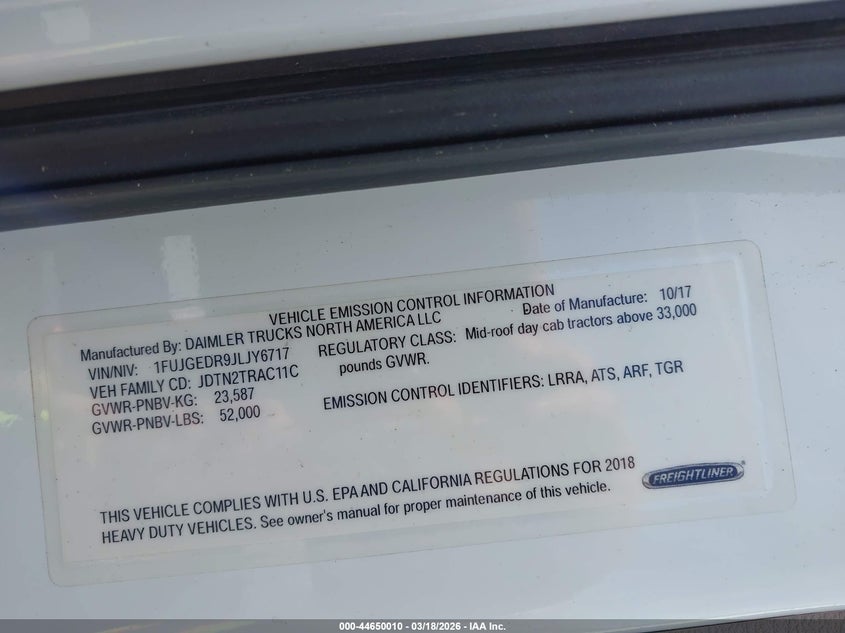 2018 FREIGHTLINER CASCADIA 125 auction photo 8