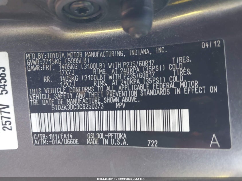 2012 Toyota Sienna 3.5 Base V6 7 Passenger grey Lot 111044650018 Vin 5TDZK3DC3CS250373
