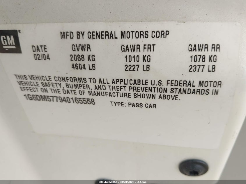 2004 Cadillac Cts Standard VIN: 1G6DM577940165558 Lot: 44650357