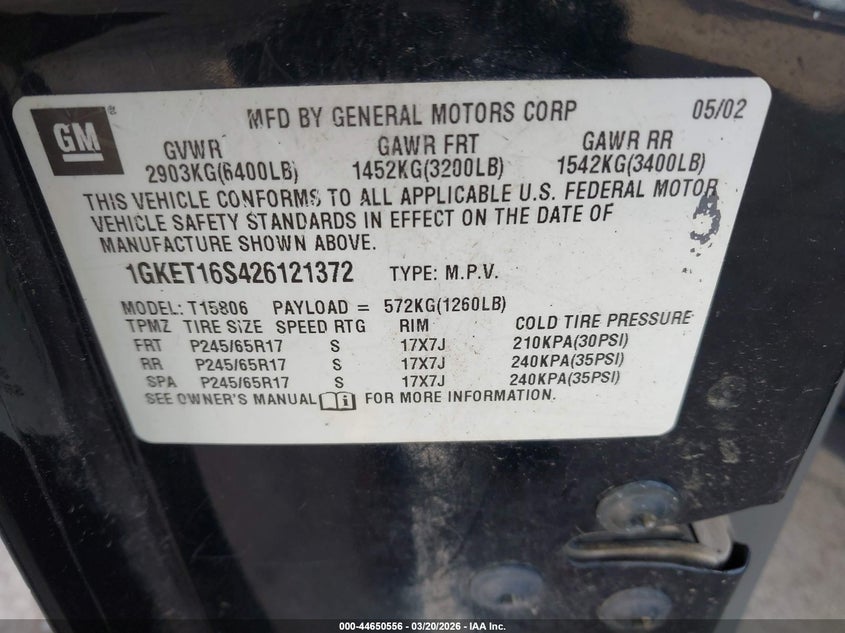 2002 GMC Envoy Xl Slt VIN: 1GKET16S426121372 Lot: 44650556