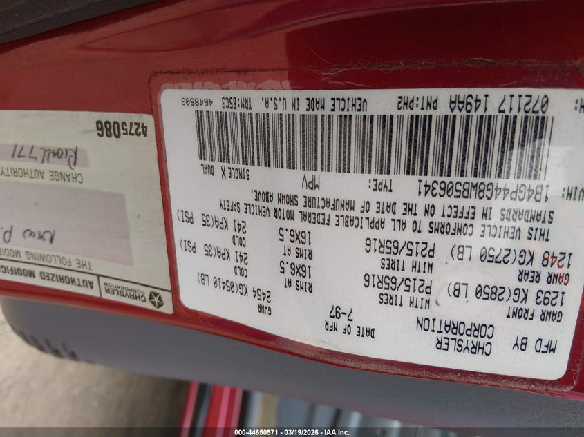 1998 Dodge Grand Caravan Se VIN: 1B4GP44G8WB506341 Lot: 44650571