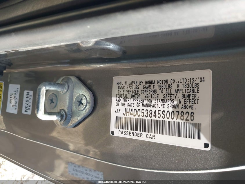 2005 Acura Rsx VIN: JH4DC53845S007826 Lot: 44650633