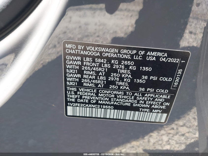 2022 Volkswagen Atlas Cross Sport 3.6L V6 Sel Premium R-Line VIN: 1V2FE2CAXNC219550 Lot: 44650709