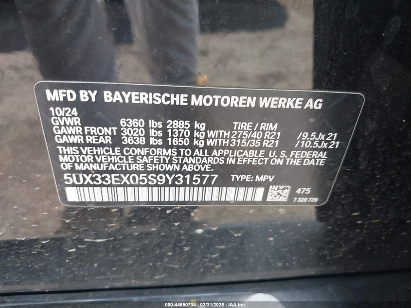 2025 BMW X6 xDrive40I VIN: 5UX33EX05S9Y31577 Lot: 44650734