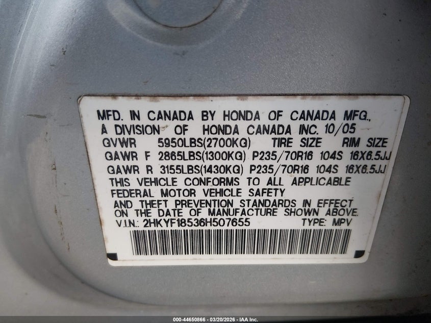 2006 HONDA PILOT SPORT UTILITY VEHICLE 3.5L V-6 VVT, 244HP