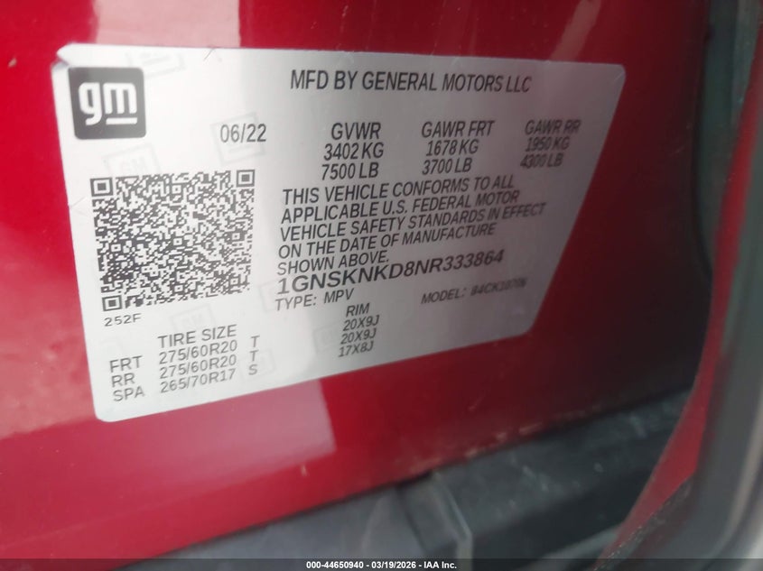 2022 Chevrolet Tahoe 4Wd Lt VIN: 1GNSKNKD8NR333864 Lot: 44650940