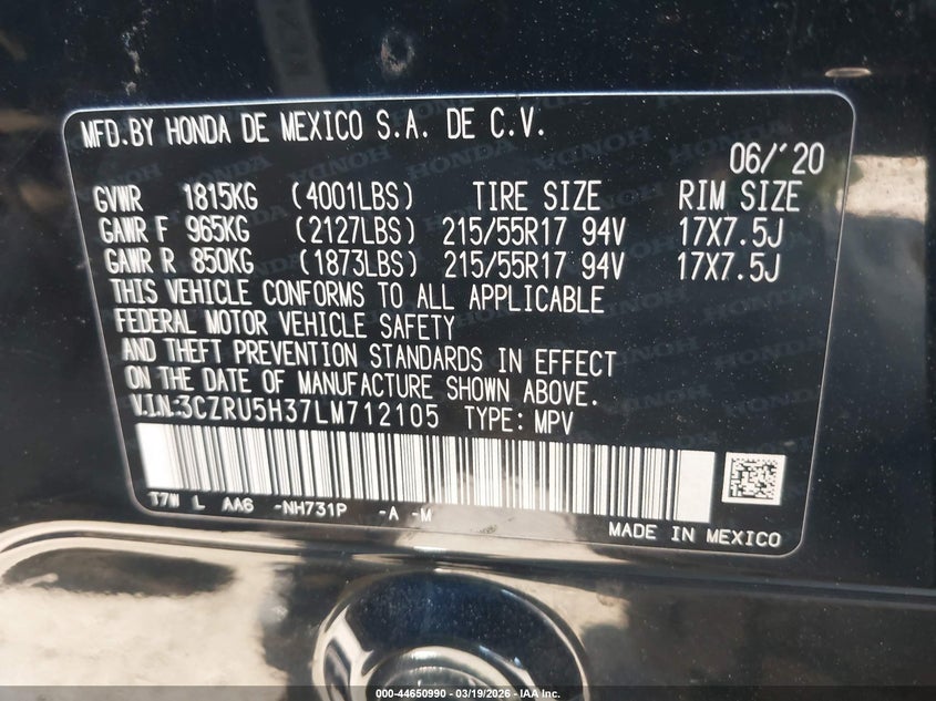 VIN 3CZRU5H37LM712105 2020 HONDA HR-V 2WD LX