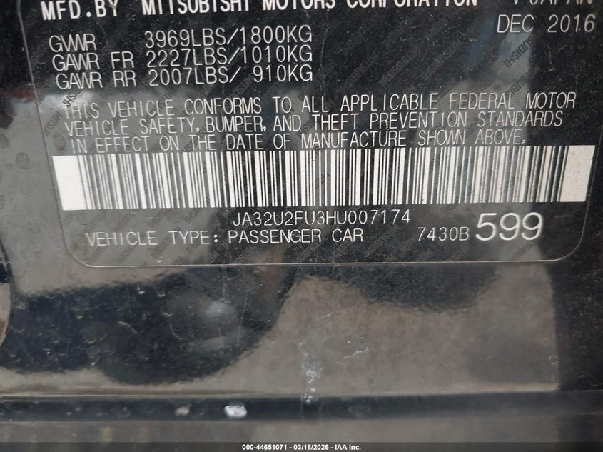 2017 Mitsubishi Lancer Es VIN: JA32U2FU3HU007174 Lot: 44651071