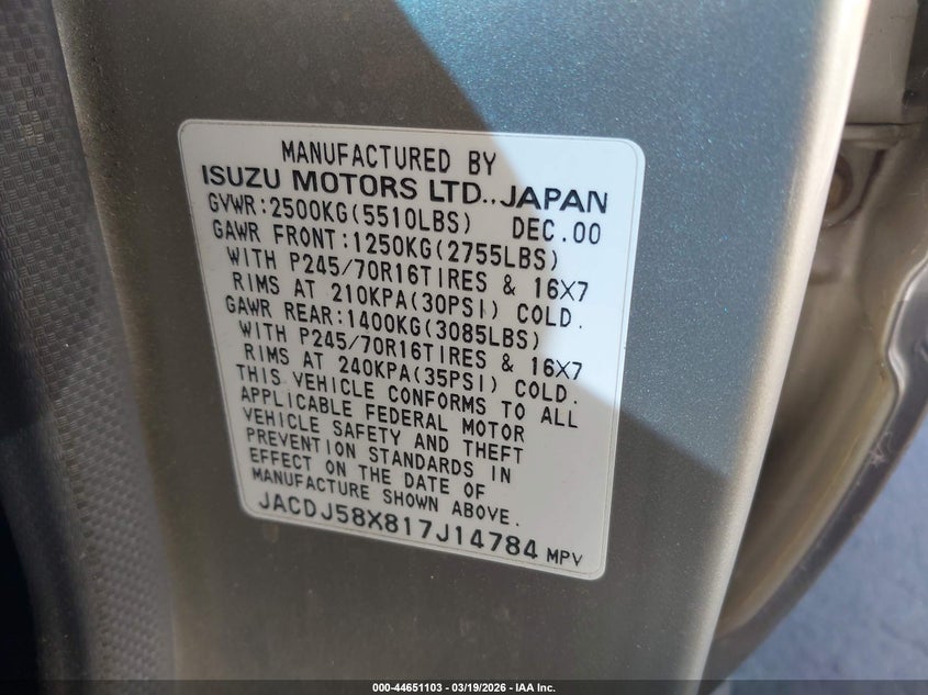 2001 Isuzu Trooper Limited/Ls/S VIN: JACDJ58X817J14784 Lot: 44651103