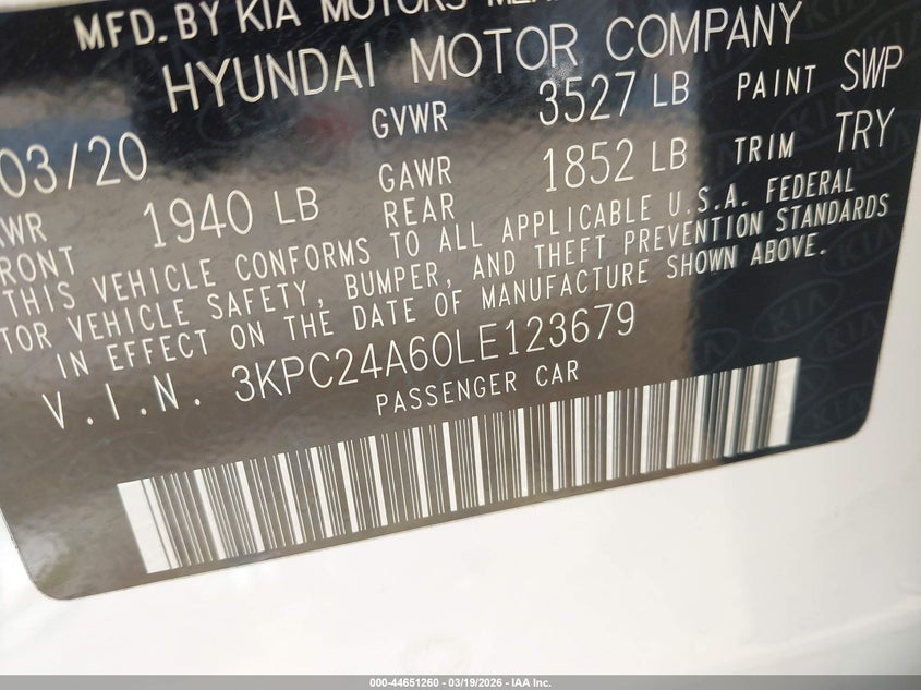 2020 Hyundai Accent Se VIN: 3KPC24A60LE123679 Lot: 44651260
