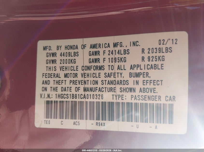 2012 Honda Accord 2.4 2.4 Ex-L red Lot 111044651310 Vin 1HGCS1B81CA010326