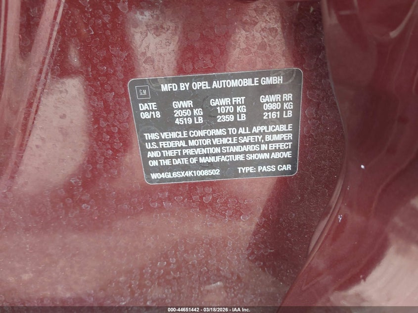 2019 Buick Regal Sportback Fwd Preferred VIN: W04GL6SX4K1008502 Lot: 44651442