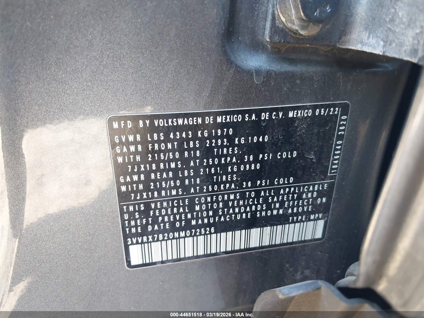 2022 Volkswagen Taos 1.5T Se VIN: 3VVRX7B20NM072526 Lot: 44651518