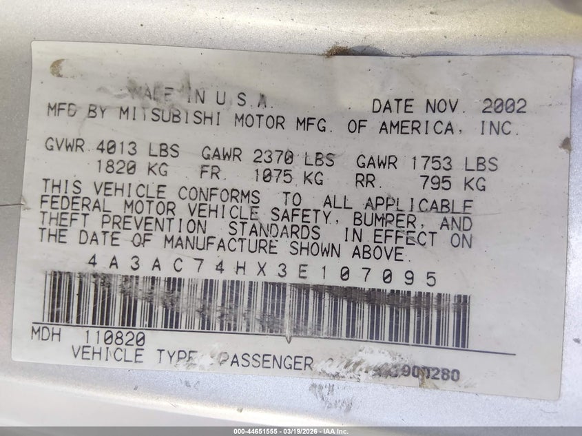 2003 Mitsubishi Eclipse Gts VIN: 4A3AC74HX3E107095 Lot: 44651555