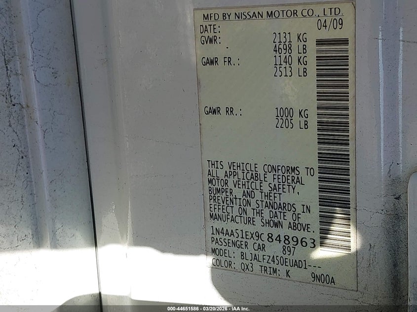 2009 Nissan Maxima 3.5 Sv VIN: 1N4AA51EX9C848963 Lot: 44651586