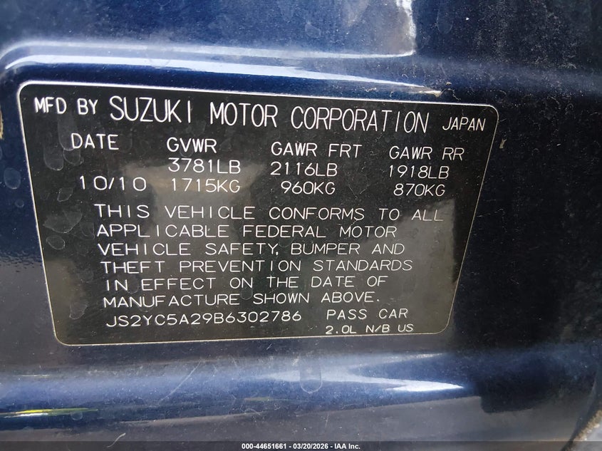 2011 Suzuki Sx4 Le/Le Anniversary Edition VIN: JS2YC5A29B6302786 Lot: 44651661