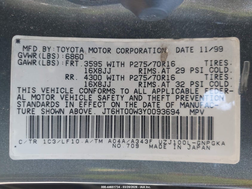 2000 Lexus Lx 470 VIN: JT6HT00W3Y0093694 Lot: 44651734