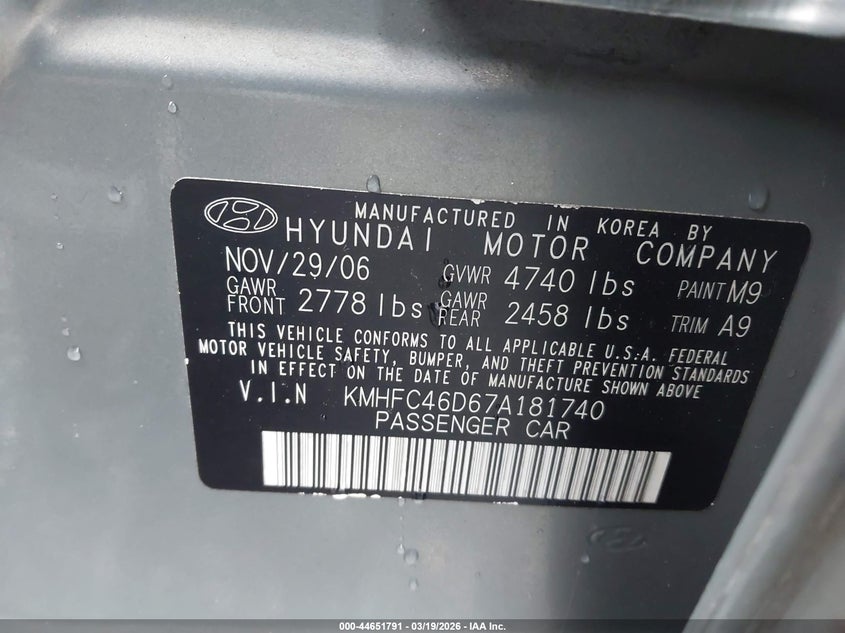 2007 Hyundai Azera Gls VIN: KMHFC46D67A181740 Lot: 44651791