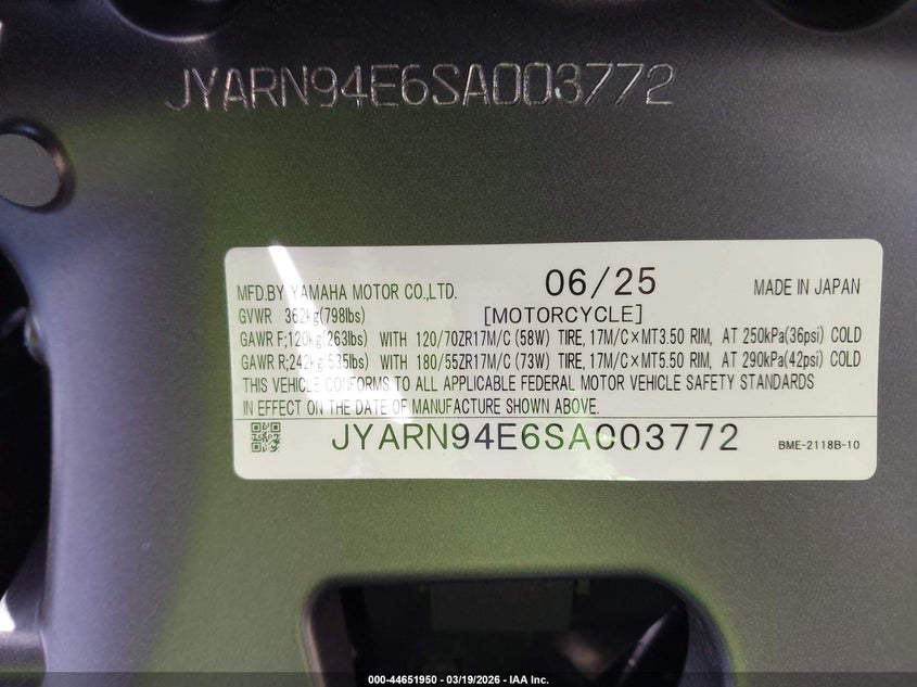2025 Yamaha Mt09 VIN: JYARN94E6SA003772 Lot: 44651950