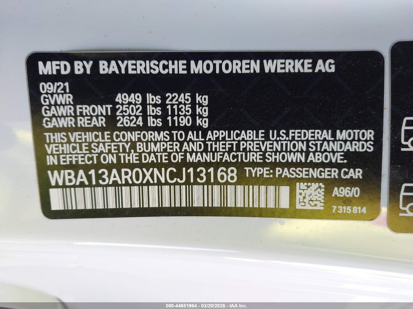 2022 BMW M440I xDrive VIN: WBA13AR0XNCJ13168 Lot: 44651964