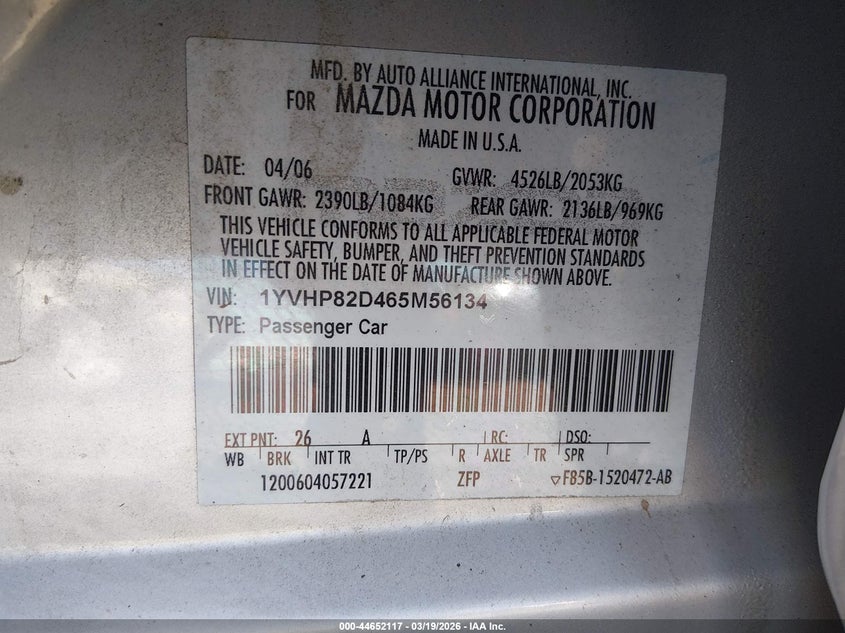 2006 Mazda Mazda6 S Grand Touring VIN: 1YVHP82D465M56134 Lot: 44652117