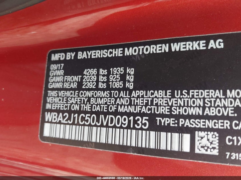 2018 BMW 230I VIN: WBA2J1C50JVD09135 Lot: 44652160