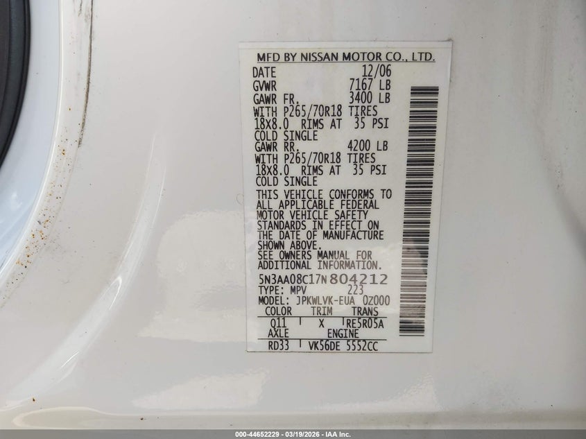 2007 Infiniti Qx56 VIN: 5N3AA08C17N804212 Lot: 44652229