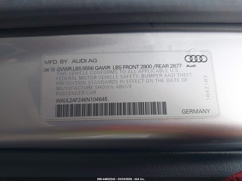 2019 Audi A6 55 Premium VIN: WAUL2AF24KN104645 Lot: 44652242
