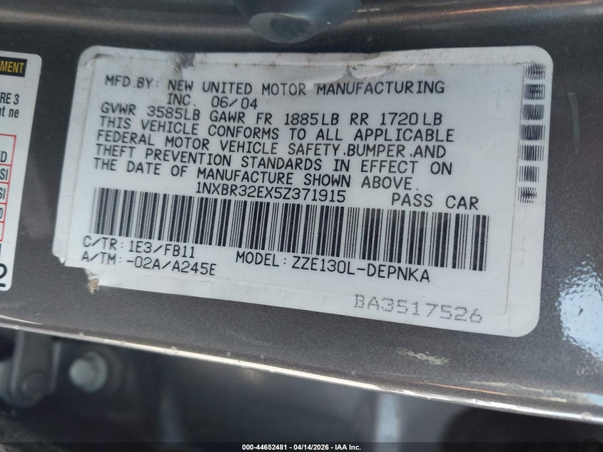 2005 Toyota Corolla Le VIN: 1NXBR32EX5Z371915 Lot: 44652481