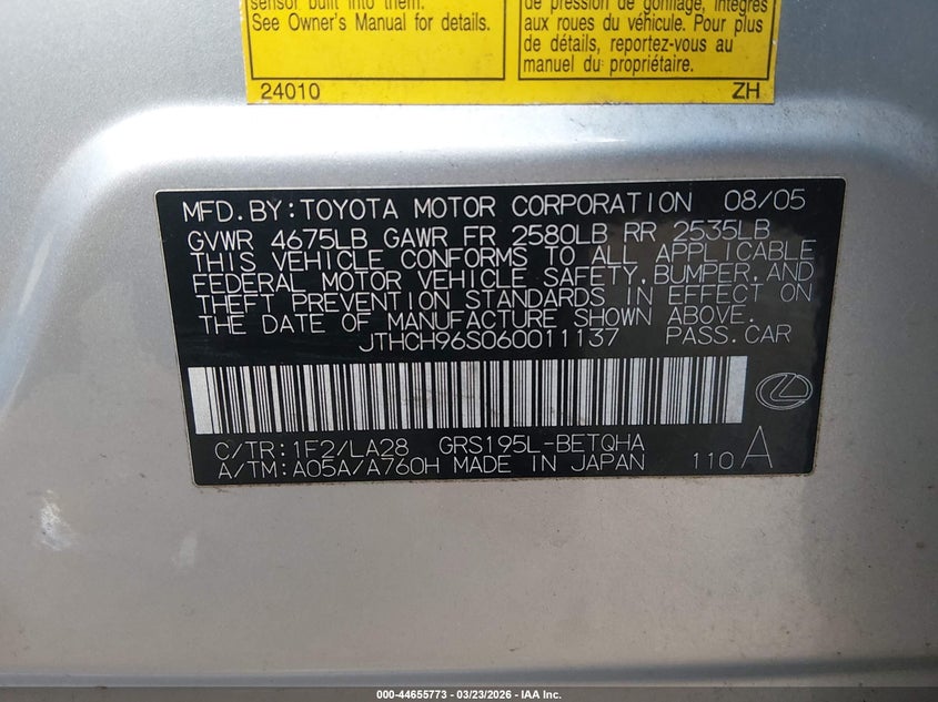 2006 Lexus Gs 300 VIN: JTHCH96S060011137 Lot: 44655773