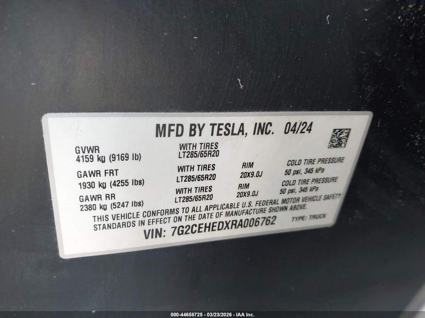 2024 Tesla Cybertruck All-Wheel Drive VIN: 7G2CEHEDXRA006762 Lot: 44658725